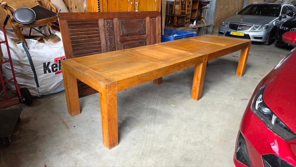 Eikenhouten blokpoot tafel 350 x 100, Antiek en Kunst, Ophalen of Verzenden