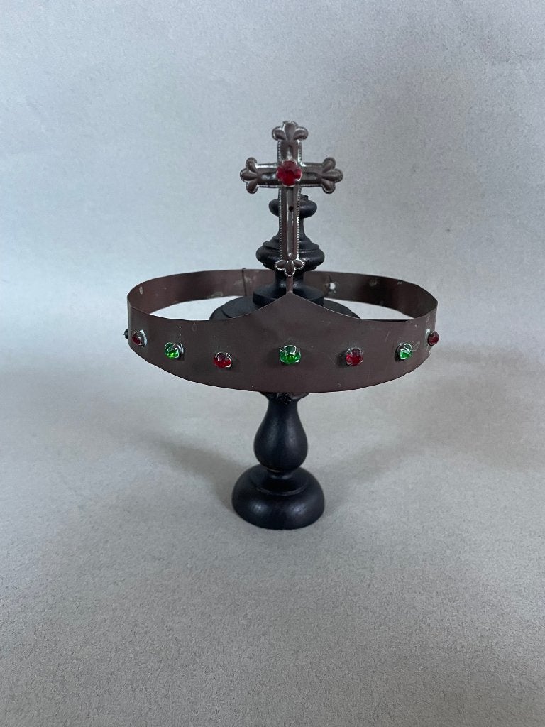 Antieke metalen kroon voor houten beeld met standaardje, Ophalen of Verzenden