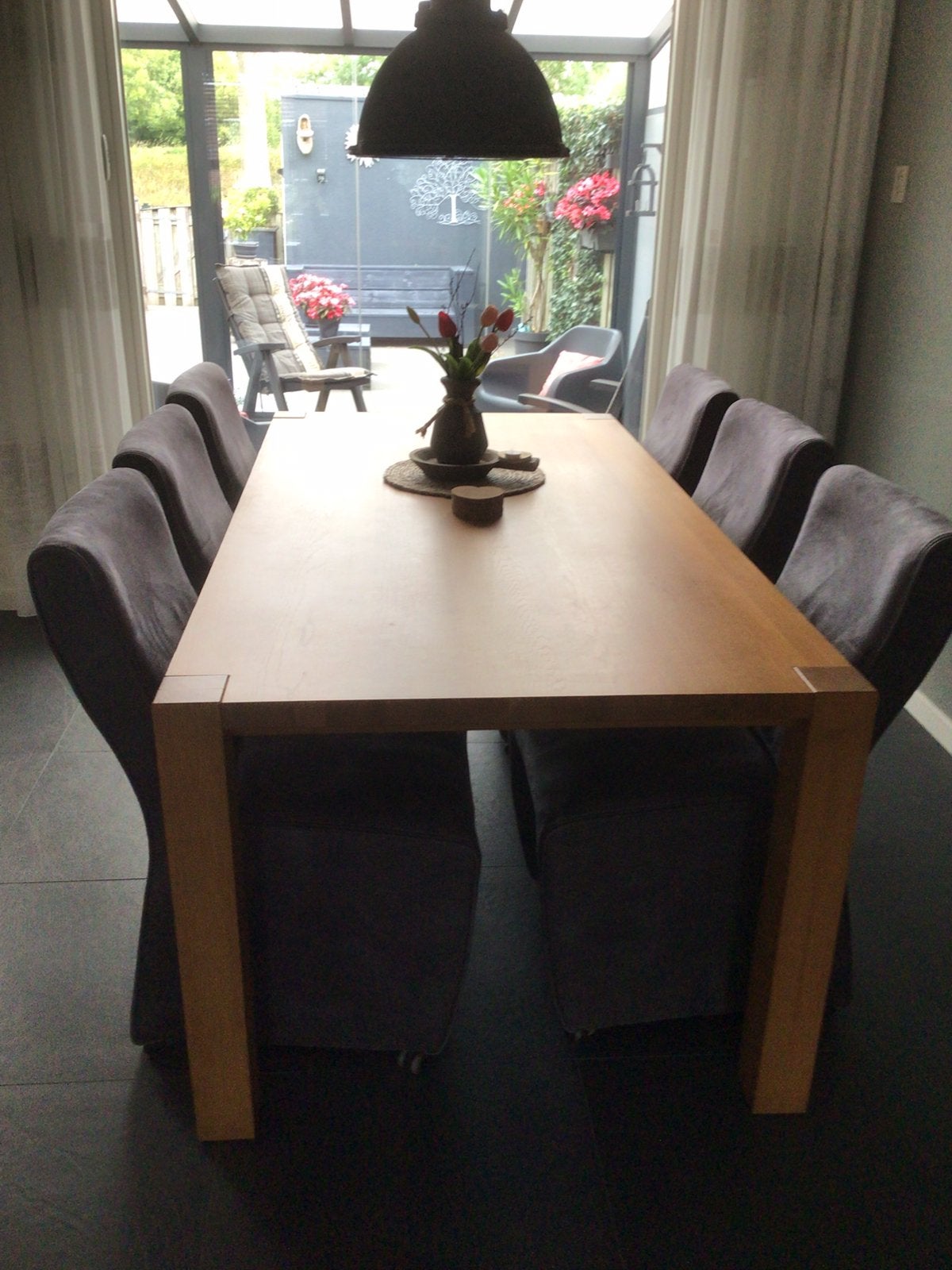 Eetkamertafel 200x100 cm met 6 verrijdbare stoelen, Ophalen, Gebruikt, 6 tot 8 stoelen