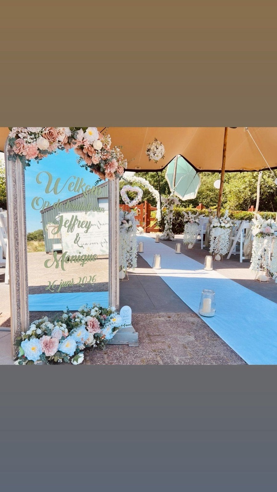 Trouwspiegel met bloemen - Welkomstbord bruiloft, Huis en Inrichting, Ophalen, Rechthoekig, Minder dan 50 cm, Minder dan 100 cm