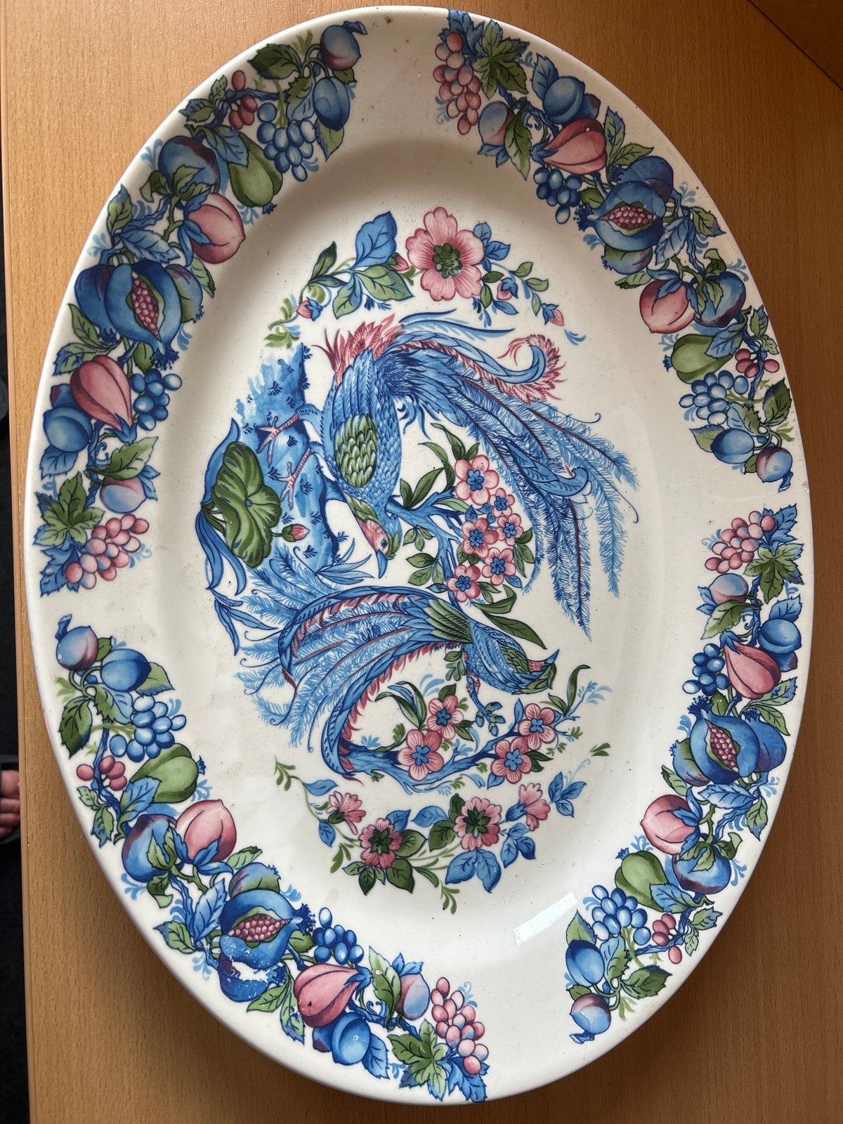 Grote ovale serveerschaal met pauw en bloemen decor, Ophalen of Verzenden
