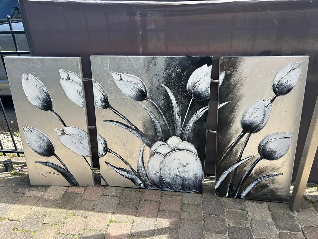Schilderij met tulpen, 3-delig, zilver en zwart, Ophalen