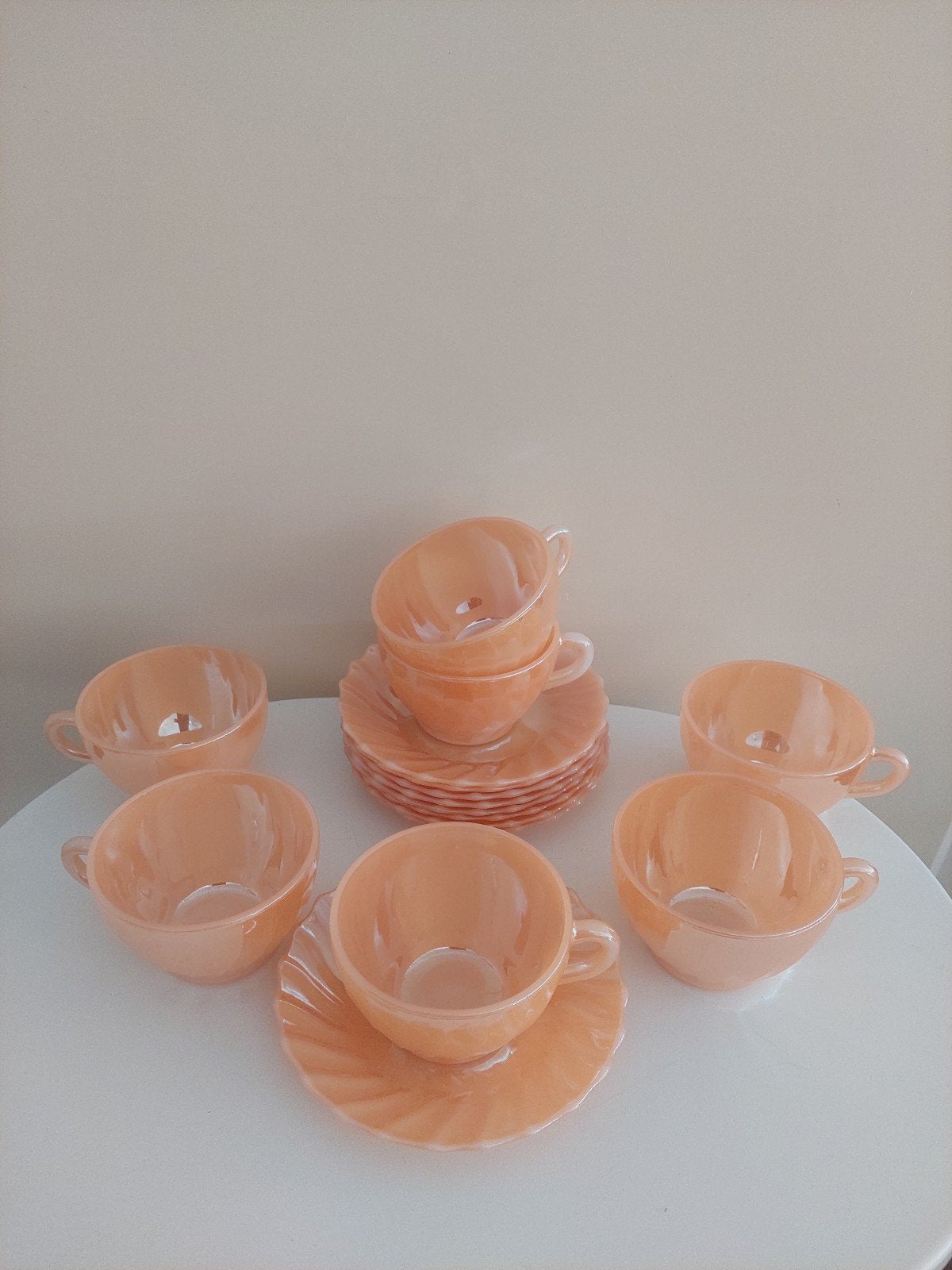 Termocrisa peach lustreware glas servies Mexico vintage, Ophalen of Verzenden, Glas, Overige stijlen, Kop(pen) en/of Schotel(s)