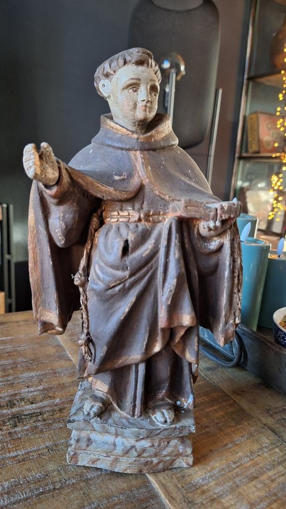 Antieke houten religieus beeldje, zie foto's, Ophalen of Verzenden