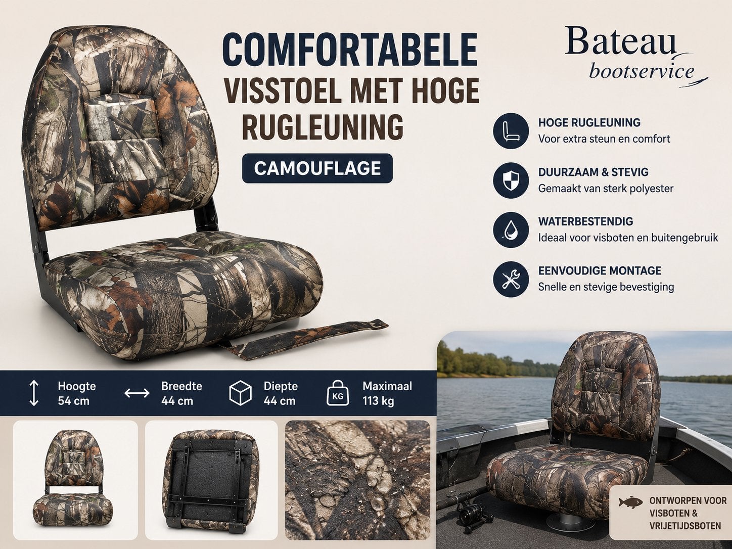 Comfortabele visstoel met hoge rugleuning - Camouflage, Info@bateaubootservice.nl, Veersteeg  2a, Nieuw, Ophalen of Verzenden