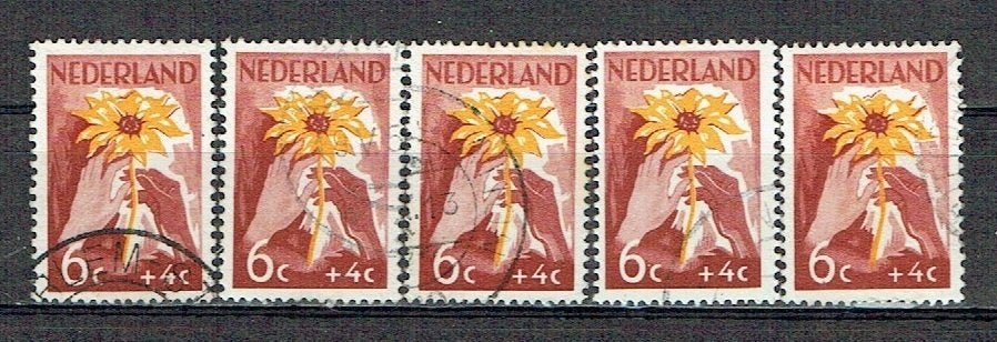 Nederland 1949 nrs. 539 NIWIN-zegels Zonnebloem 5x, Verzenden, Gestempeld, Dier of Natuur