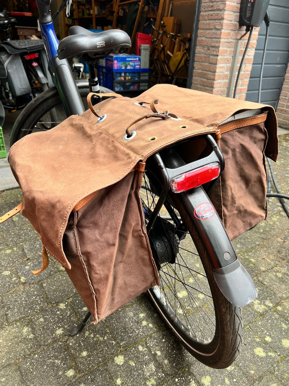 Vintage bruine dubbele fietstassen - Canvas en leer, Ophalen of Verzenden, Gebruikt