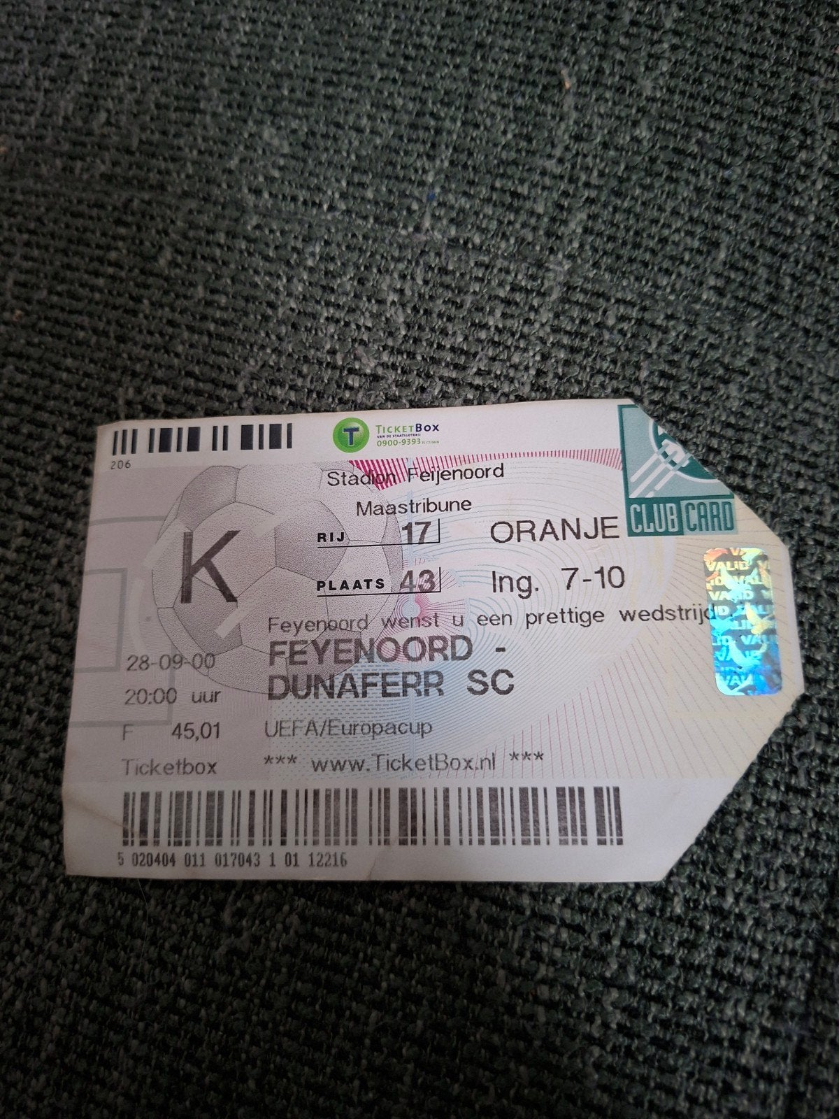 Feyenoord - Dunaferr SC Ticket 28-09-2000, Ophalen of Verzenden, Feyenoord, Overige typen