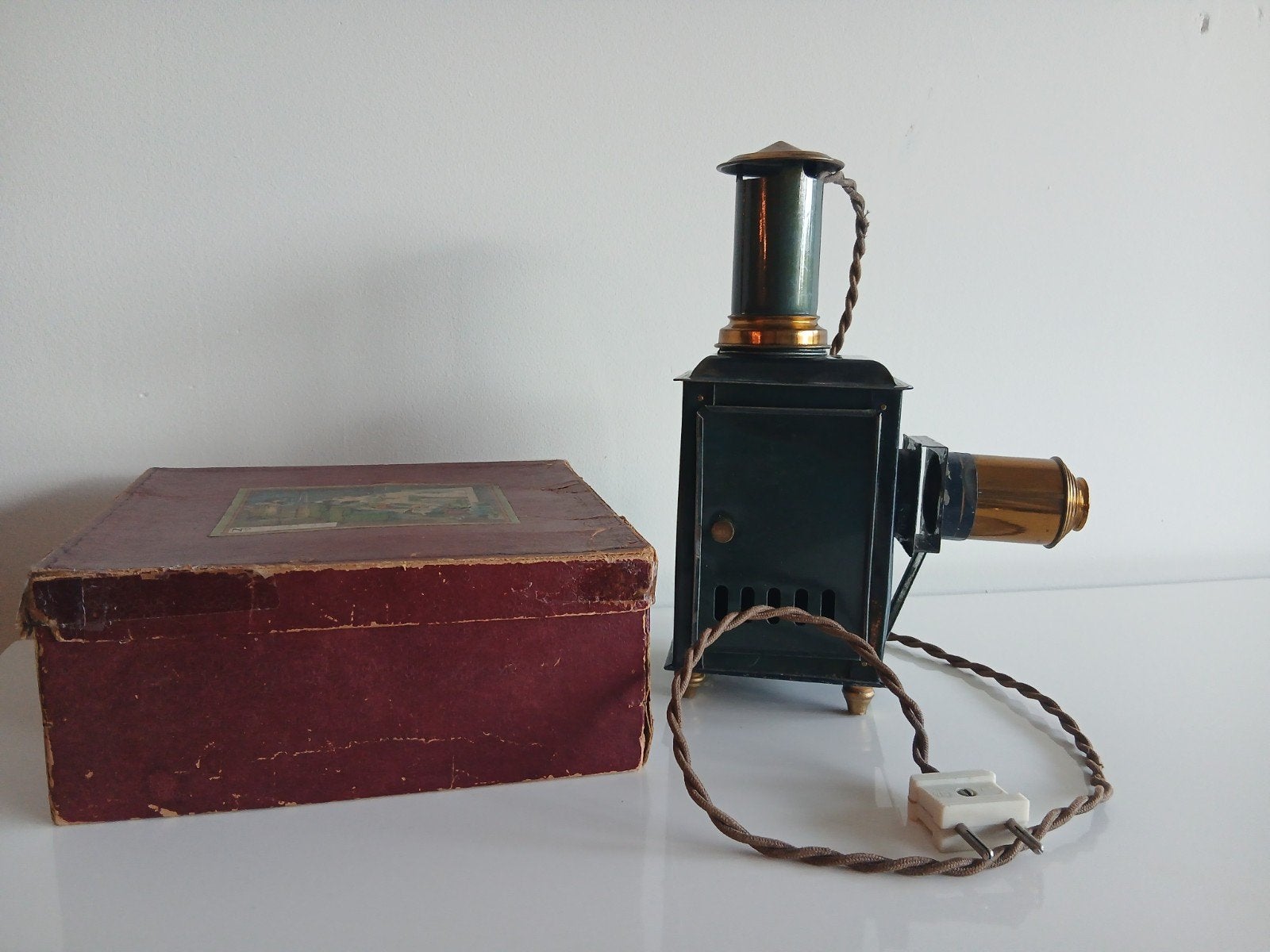 Antieke Toverlantaarn met Originele Doos en Glazen Platen, Antiek en Kunst, Ophalen of Verzenden