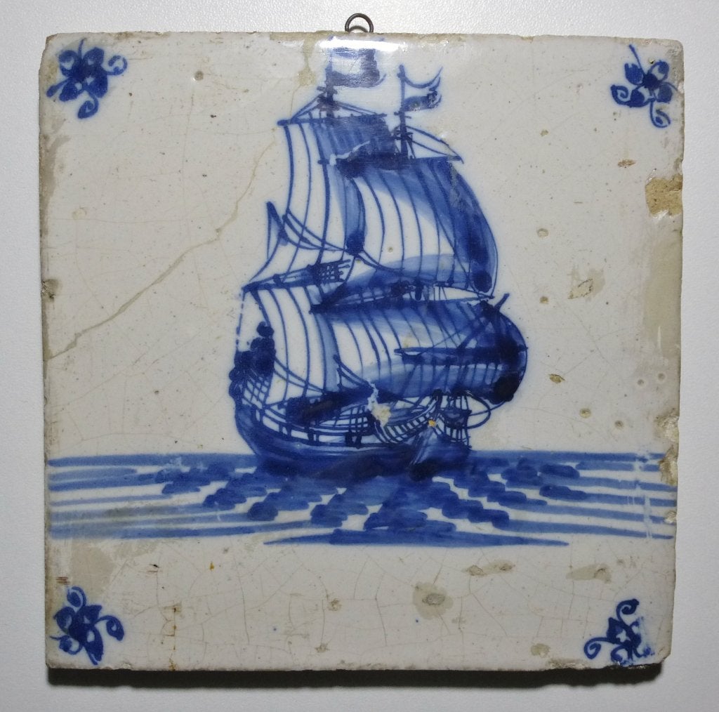 Zeldzame tegel ca. 1700 met 3-mast VOC-SCHIP; koopje!, Ophalen of Verzenden