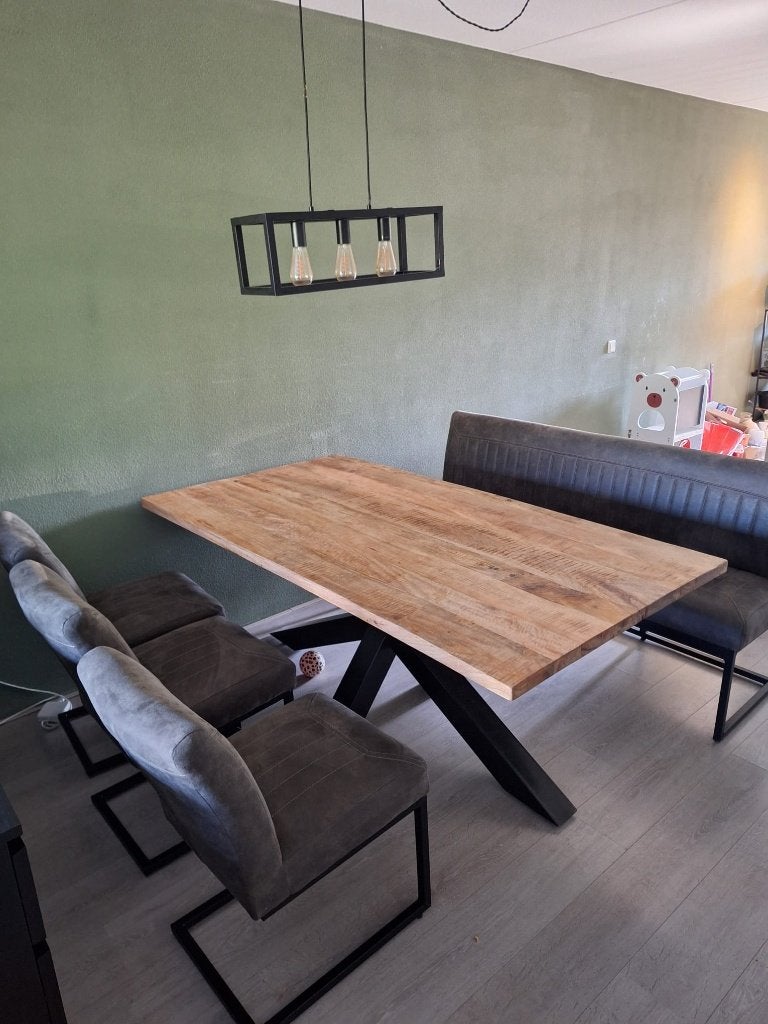 Mangohouten eettafel inc stoelen en bank, Ophalen, 100 tot 150 cm, Mangohout, Zo goed als nieuw