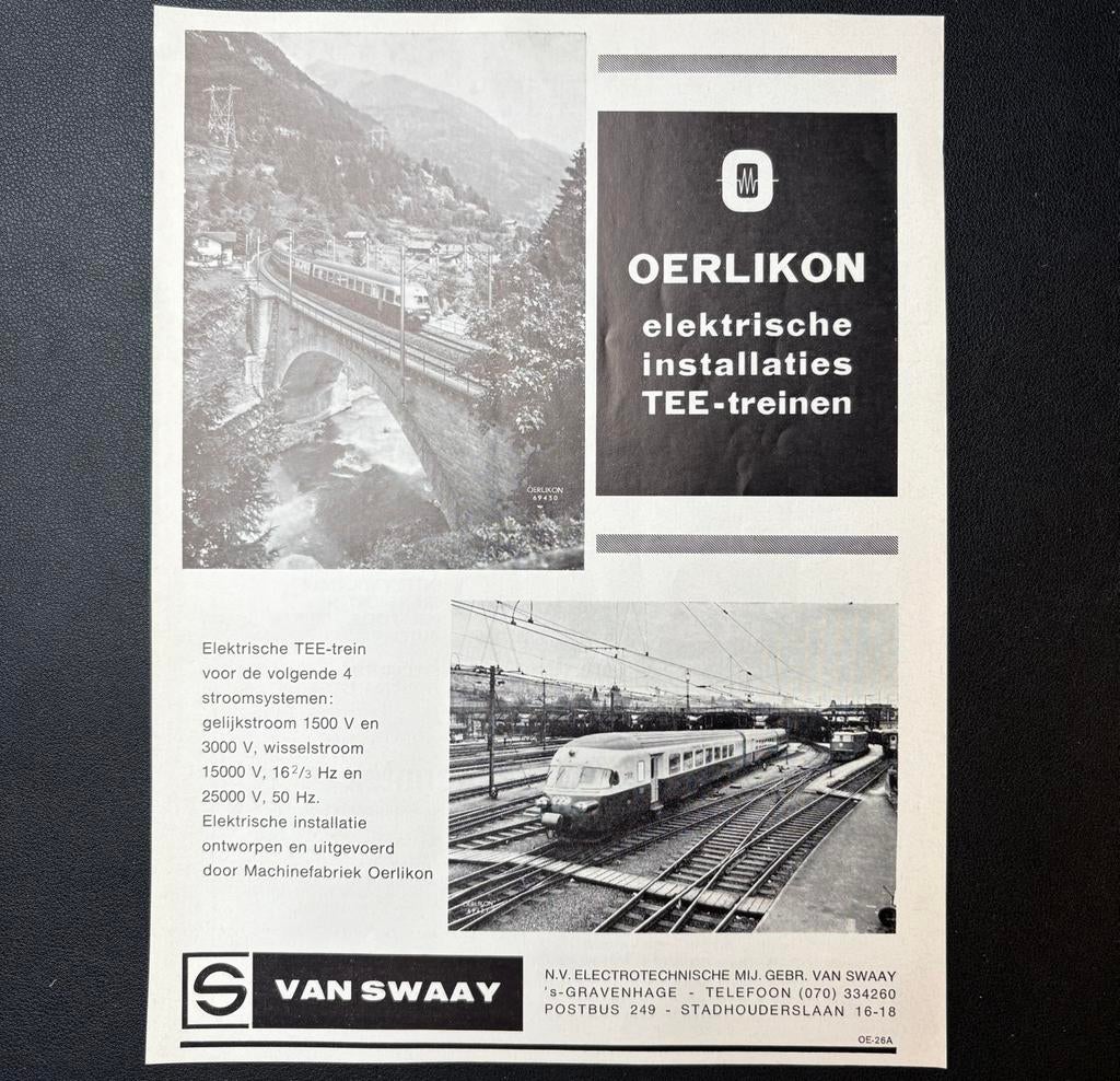 Advertentie Oerlikon ‘Elek. installaties TEE-treinen’ (1964), Verzamelen, Ophalen of Verzenden, Gebruikt, Trein