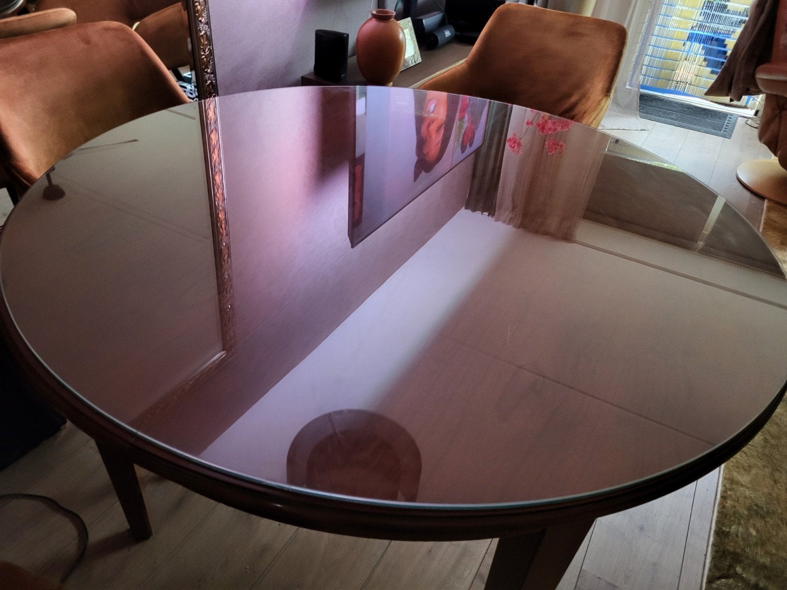 Ronde houten tafel met glasplaat en 4 stoelen, Ophalen, Gebruikt, Glas, Rond