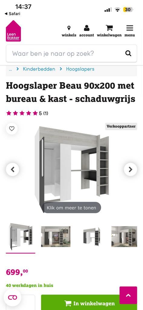 Hoogslaper Beau met bureau, inloopkast en spiegel, Huis en Inrichting, Slaapkamer | Stapelbedden en Hoogslapers, Ophalen, Gebruikt
