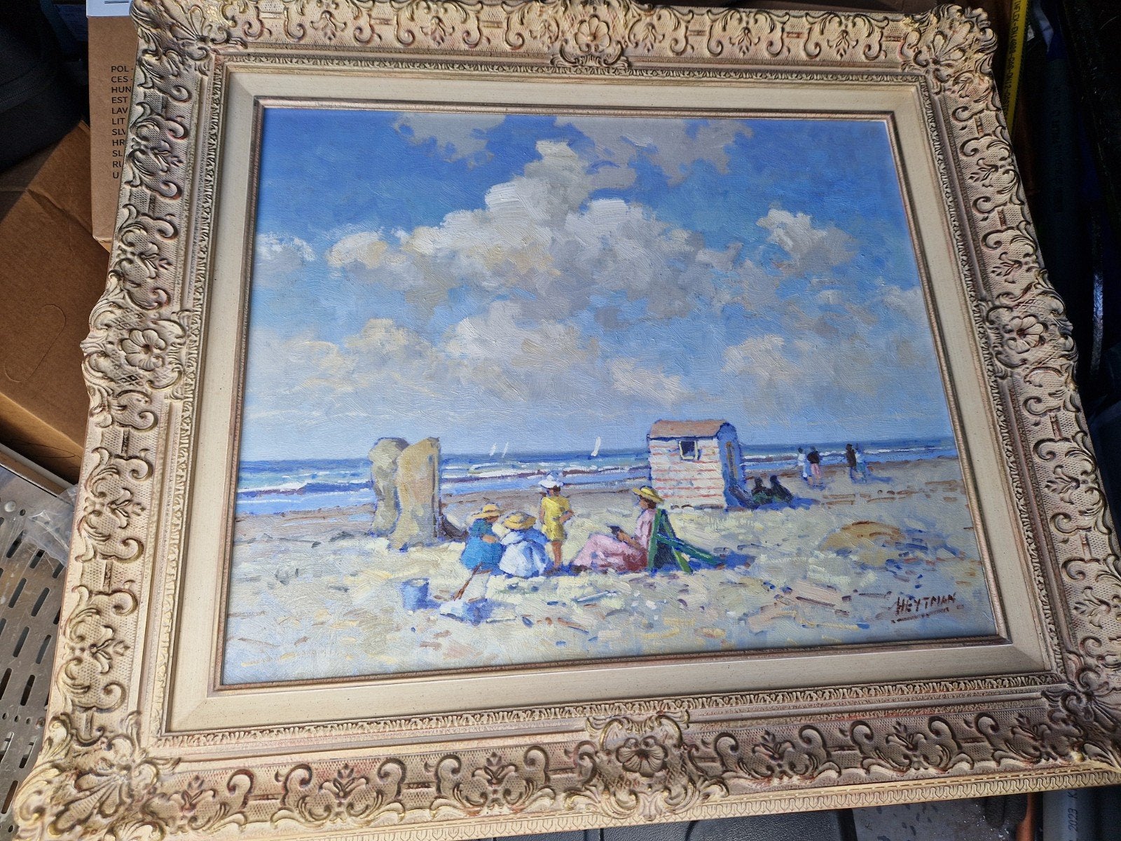 Willem Heijtman - 'A day at the beach' - Olieverf op paneel, Antiek en Kunst, Realistisch, Ophalen of Verzenden, Maritiem / water