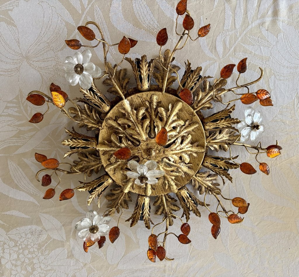 Banci Firenze Golden Metaal & Kristal Flower plafonniere, Ophalen, Hanglamp, E14 (klein), Antiek
