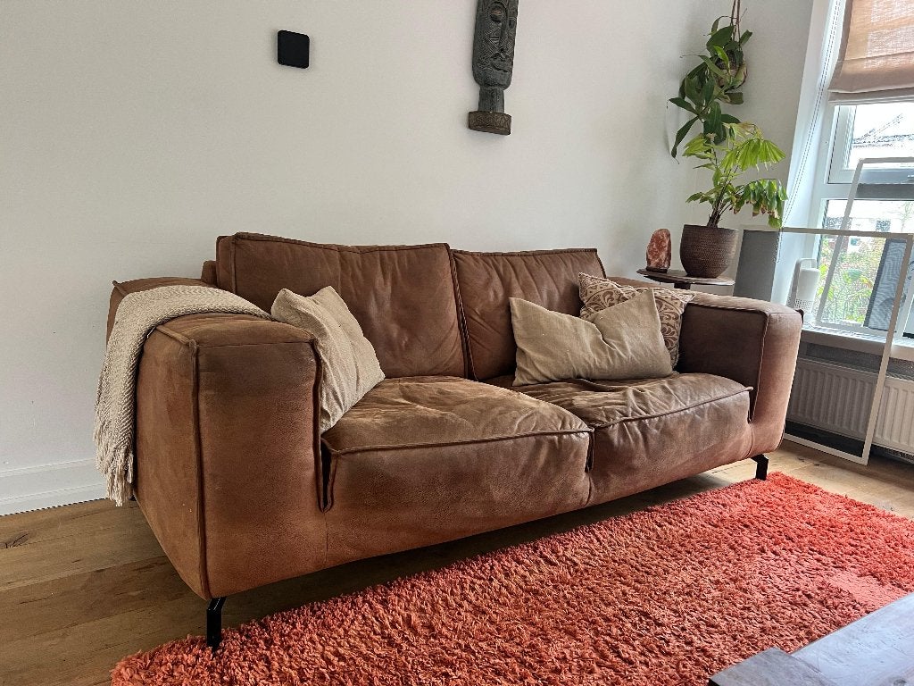 Bruine leren 3 zits bank van Loods 5, Ophalen, Gebruikt, Driepersoons, 200 tot 250 cm