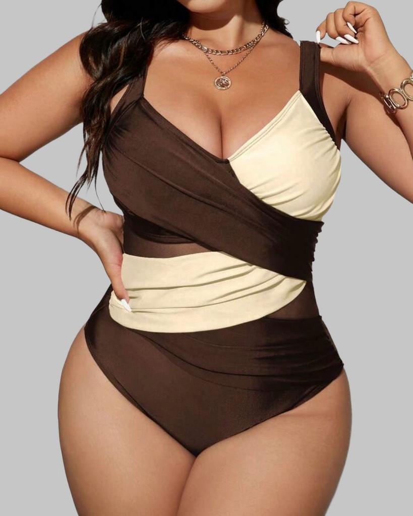 Stijlvol Bruin en Beige Badpak (44-52), Kleding | Dames, Grote Maten, Nieuw, Lingerie of Zwemkleding, Bruin, Verzenden