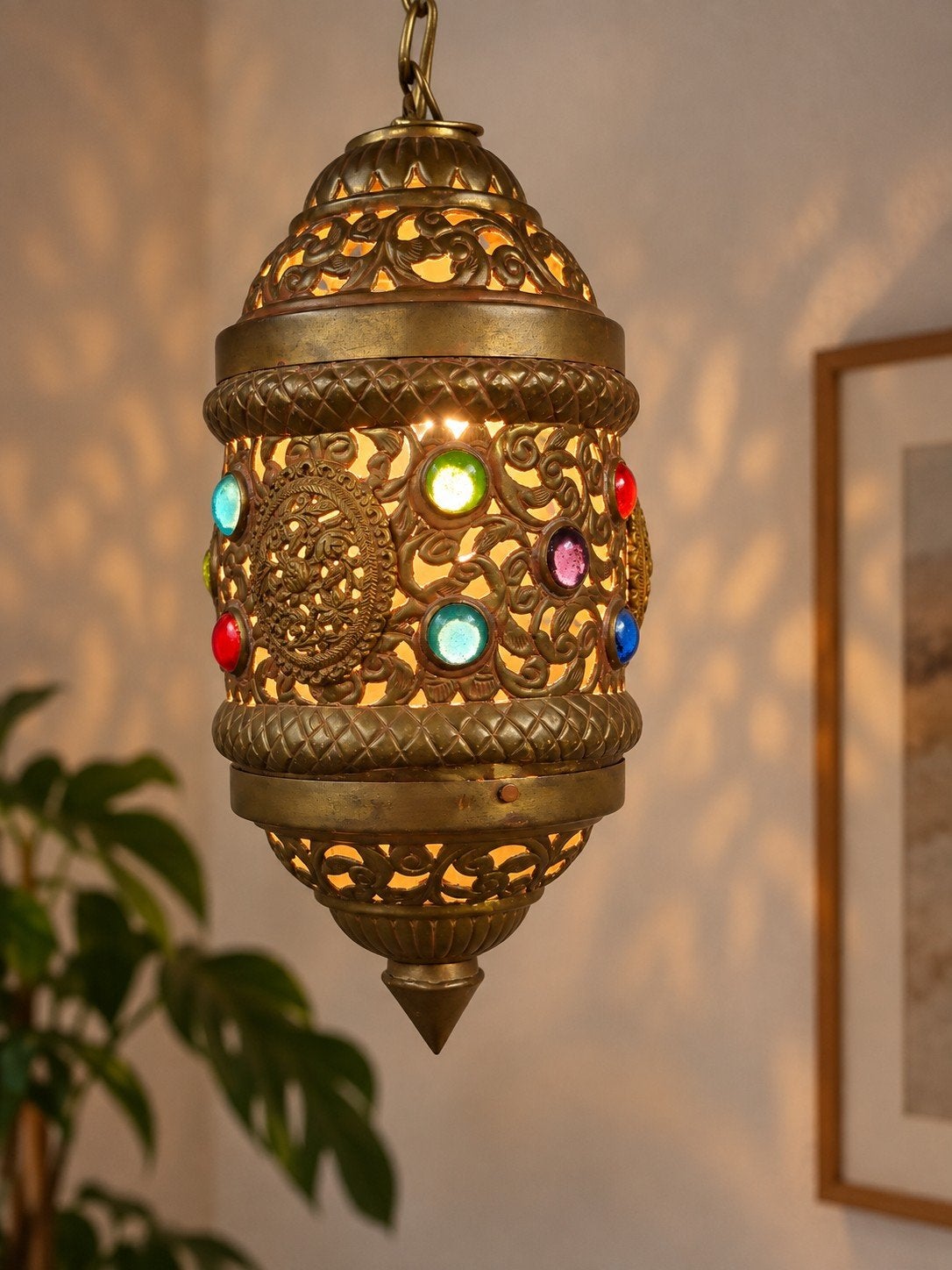 Marokkaanse Messing Hanglamp met Gekleurd Glas, Antiek en Kunst, Ophalen of Verzenden