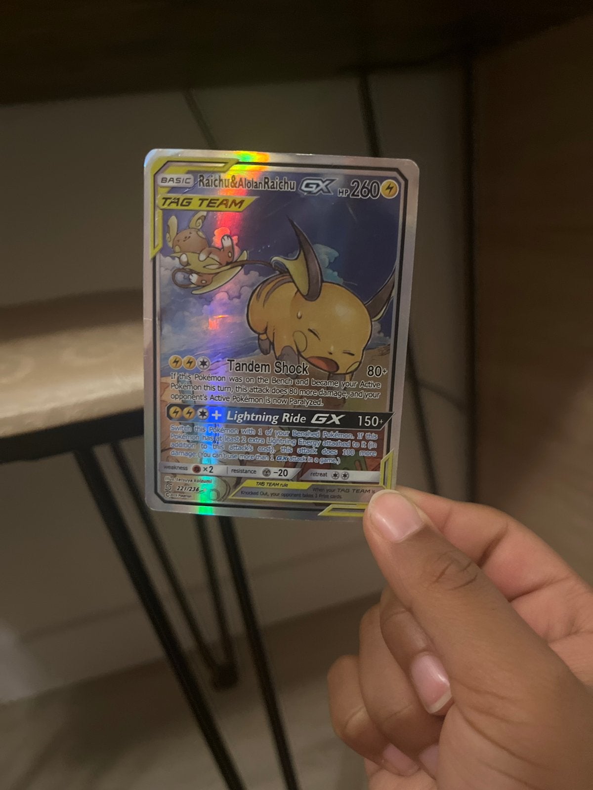 Raichu & Alolan Raichu GX Tag Team Pokémon Kaart, Ophalen of Verzenden, Zo goed als nieuw, Losse kaart, Foil