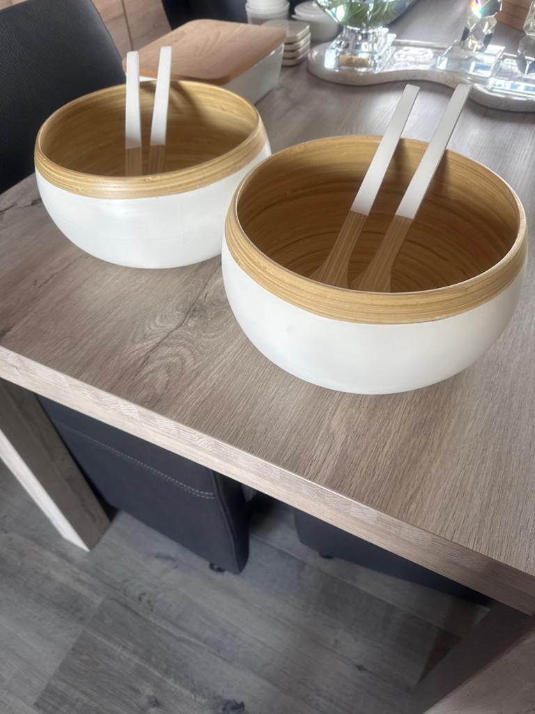 Set van 2 bamboe schalen met bestek - Wit/Hout, Ophalen, Schaal, Rond, Zo goed als nieuw