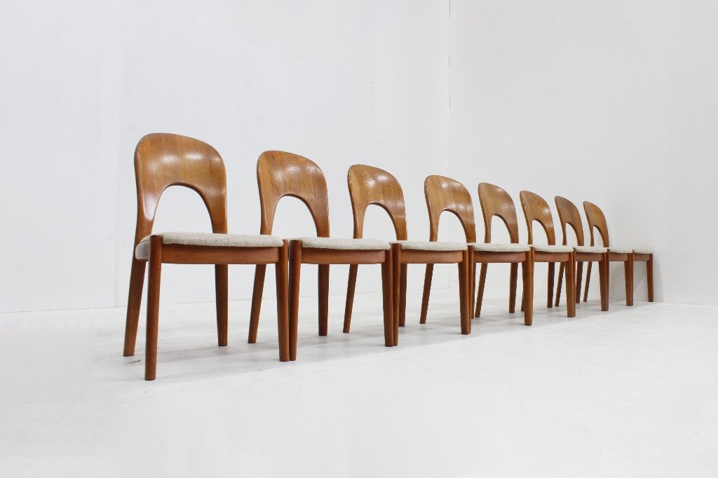Vintage Deense eetkamerstoelen Niels Koefoed set van 8, Hout, Gebruikt, Bruin, Design