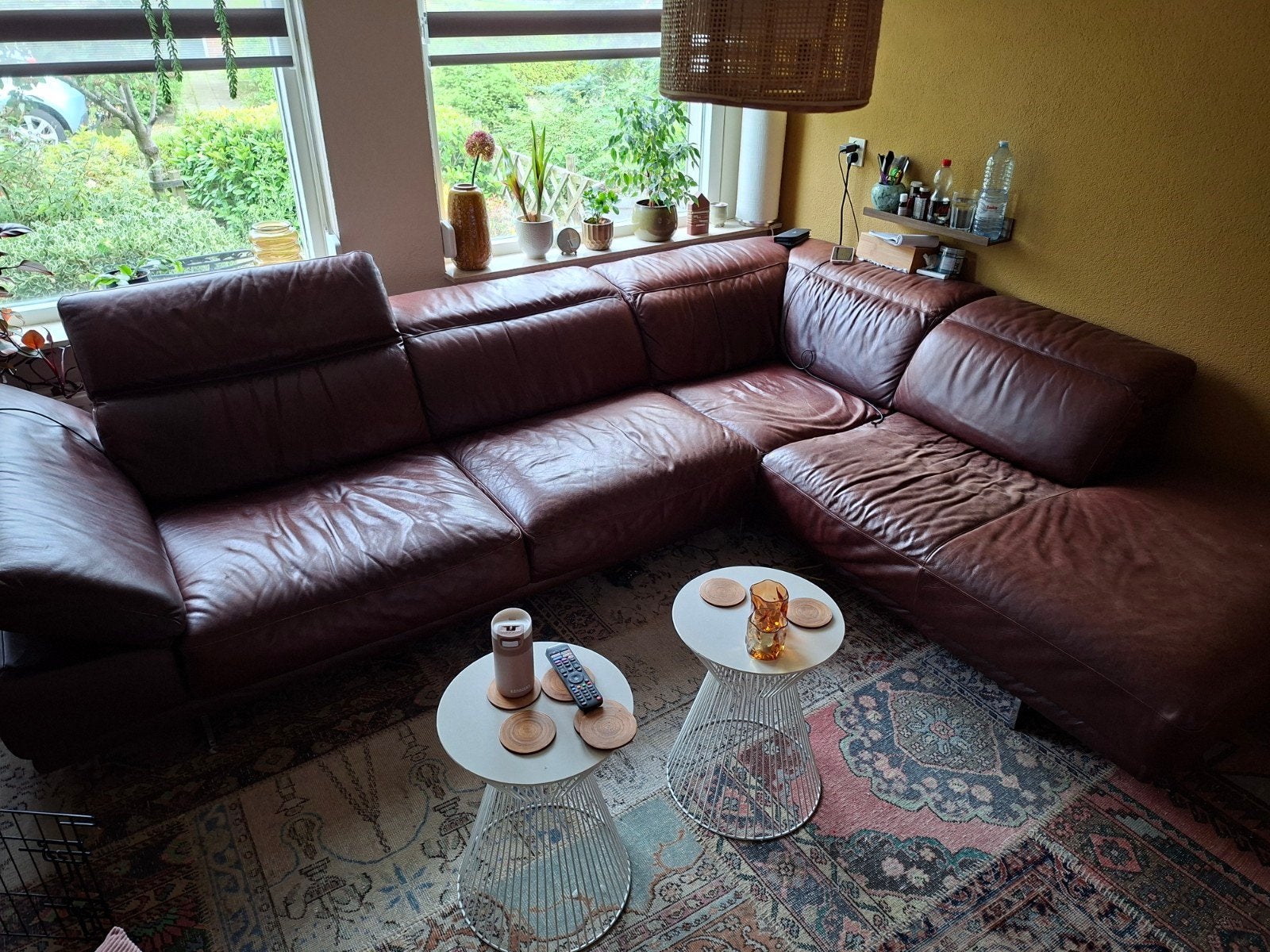Natuzzi Bruine Lederen Hoekbank met Verstelbare Hoofdsteunen, Huis en Inrichting, Ophalen, 250 tot 300 cm, Gebruikt, 100 tot 125 cm