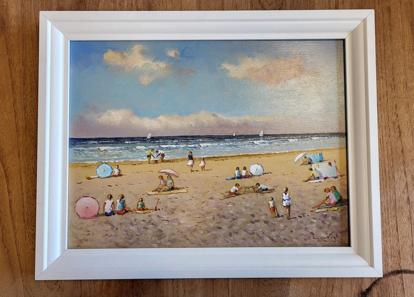 Schilderij strandgezicht met badgasten en parasols, Maritiem / water, Doek, Realistisch, Ophalen of Verzenden