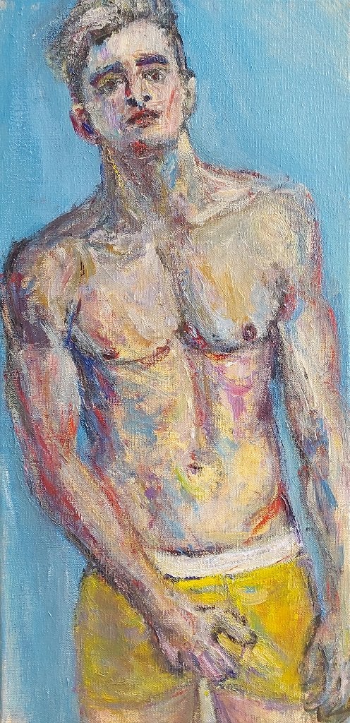 Mooi schilderij op doek 'Stoere man' Queer art, Ophalen of Verzenden, Op houten frame, Acrylverf, Figuren