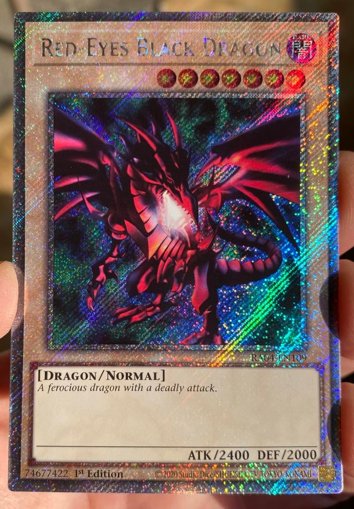 Yu-Gi-Oh! Red-Eyes Black Dragon RA04 1st Edition !, Ophalen of Verzenden, Zo goed als nieuw, Losse kaart, Foil