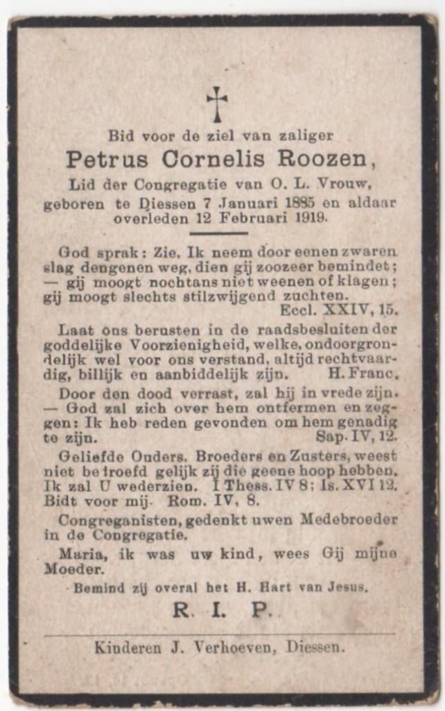 Petrus C. Roozen 1885 Diessen + 1919 Diessen, 34 jaar, Verzenden