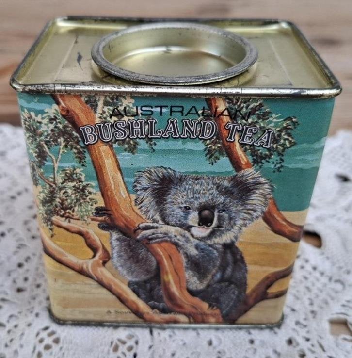 Theeblikje Australië, Kangoeroe, Koala, Rosella, Kookaburra, Verzamelen, Ophalen of Verzenden, Gebruikt, Thee, Overige merken
