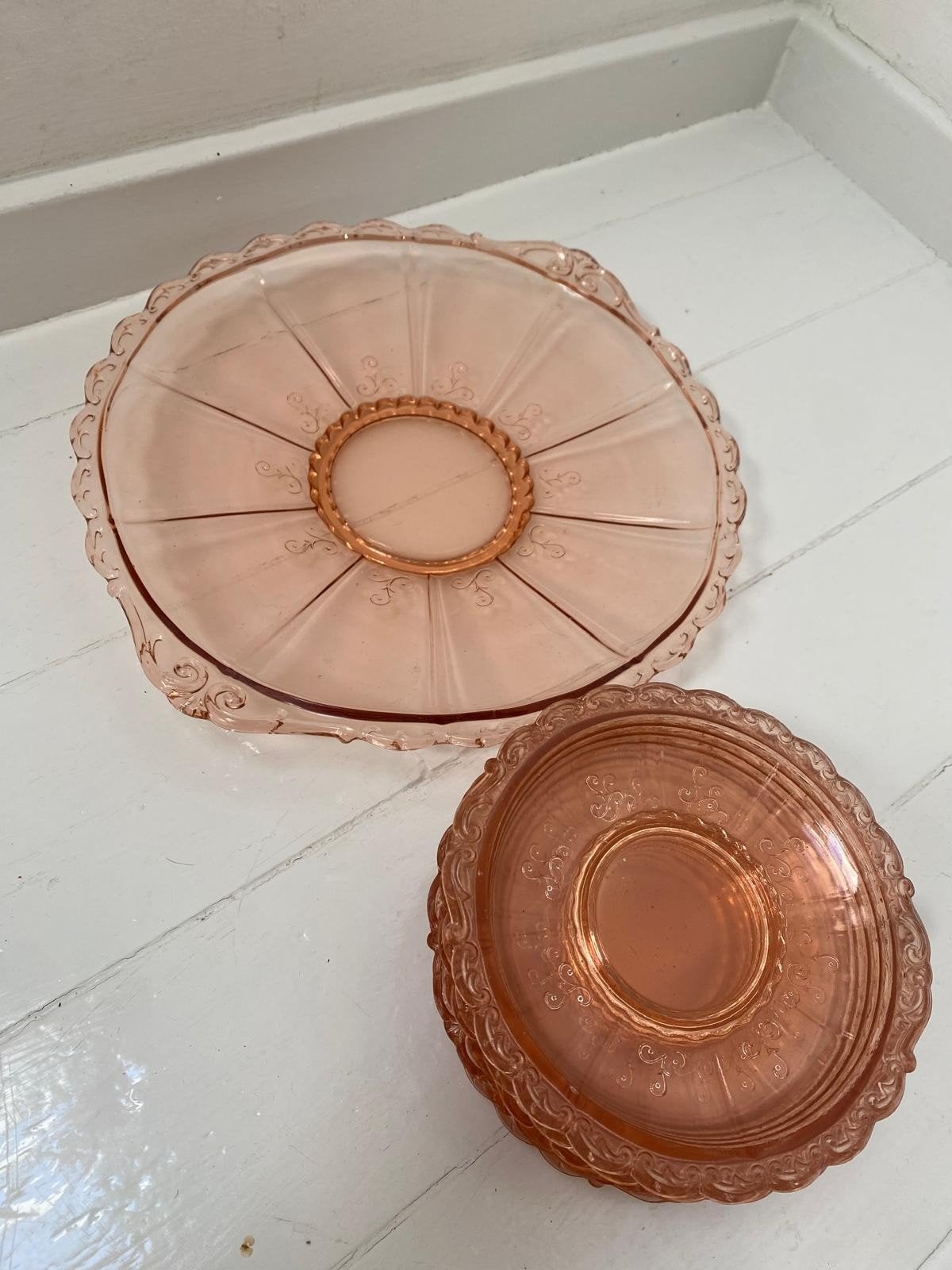 Vintage Roze Glas Schaal en Onderzetters Set, Ophalen of Verzenden