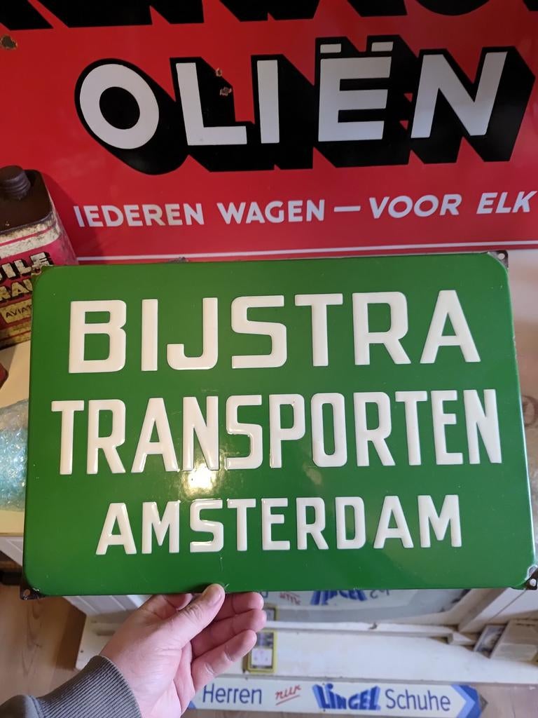 Zeer mooi oud emaille bord Bijstra Transporten Amsterdam, Verzamelen, Ophalen, Zo goed als nieuw, Reclamebord
