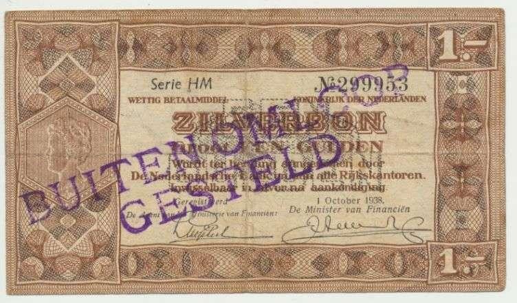 Nederland 1 Gulden 1938 Zilverbon Buiten omloop gesteld, Postzegels en Munten, Bankbiljetten | Nederland, Ophalen of Verzenden