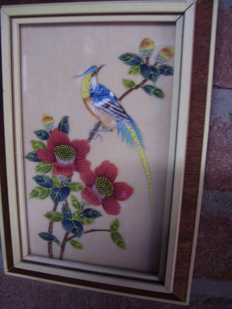 VOGELSCHILDERIJ ZIJDE, Antiek en Kunst, Achter glas, Overige technieken, Dieren, Ophalen of Verzenden