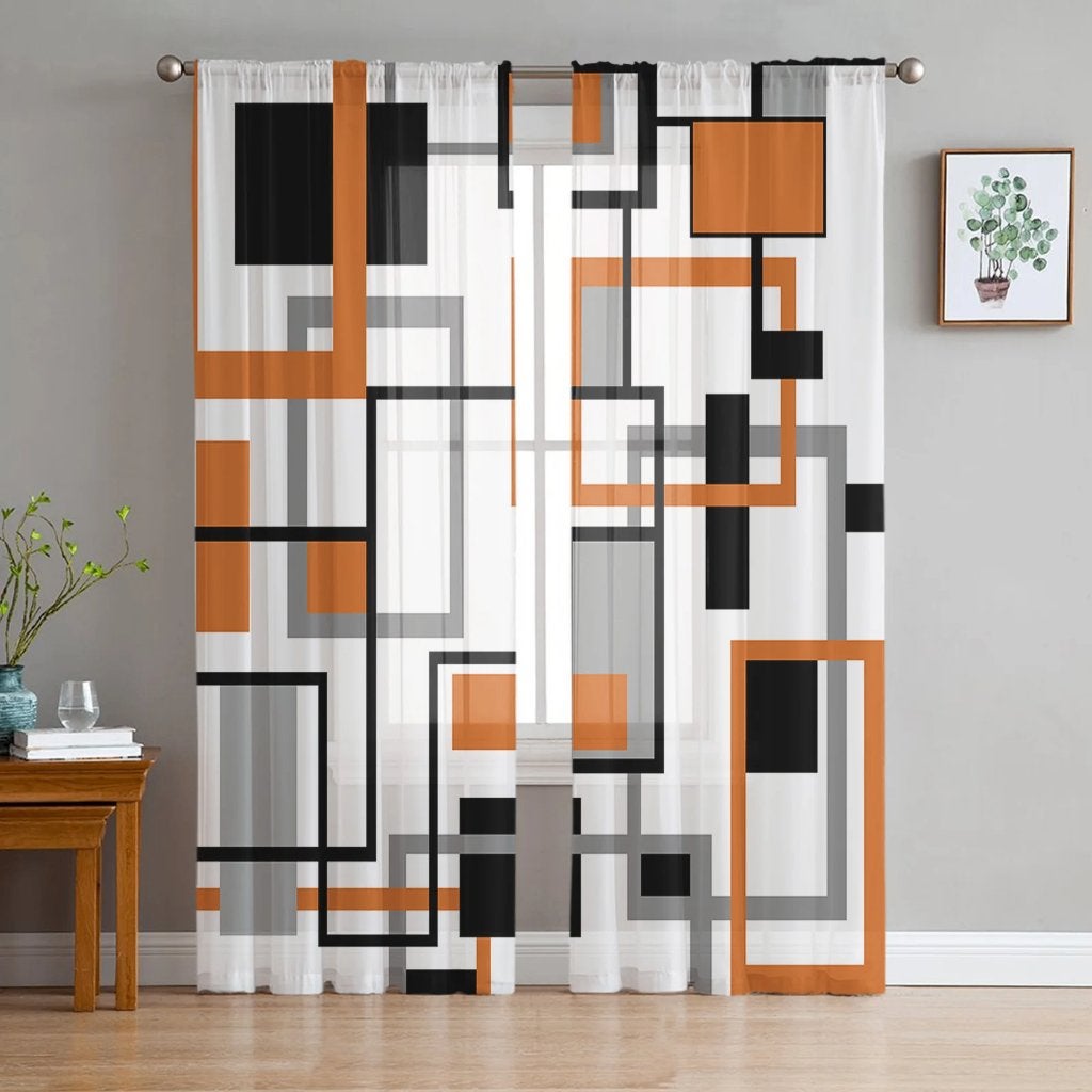 Geometrisch Wit Zwart Oranje Grijs Gordijn Inbetween Modern, Verzenden, Nieuw, Grijs, Gordijn