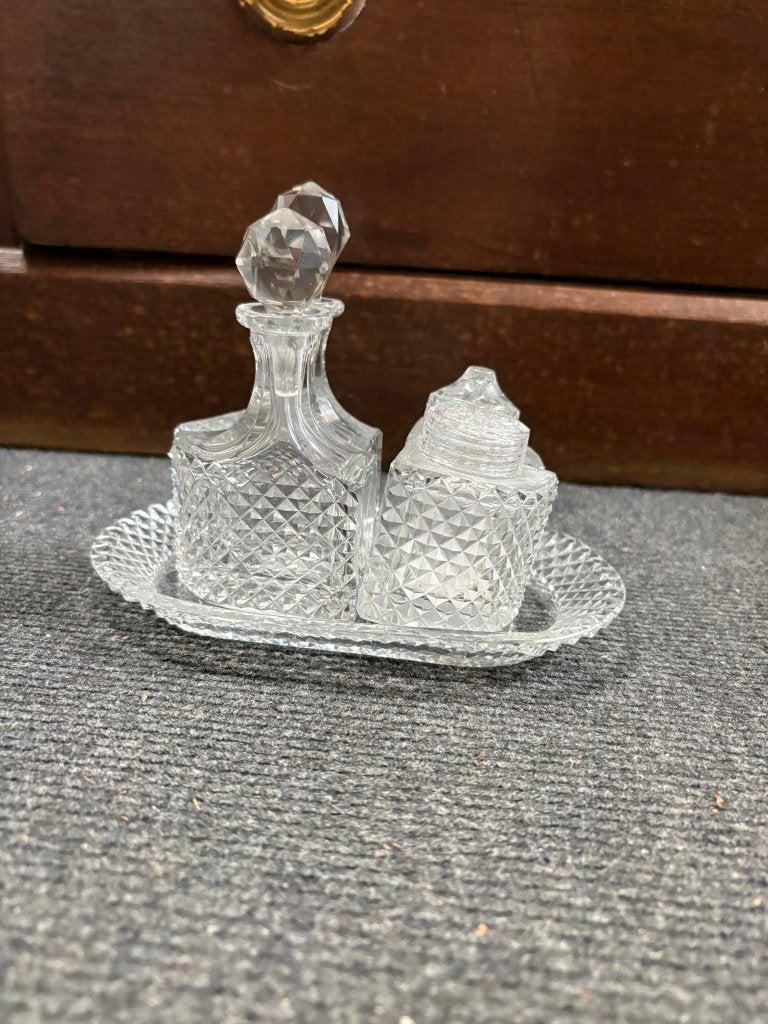 Vintage glas/kristal olie-, azijn-, peper- en zoutstel, Ophalen