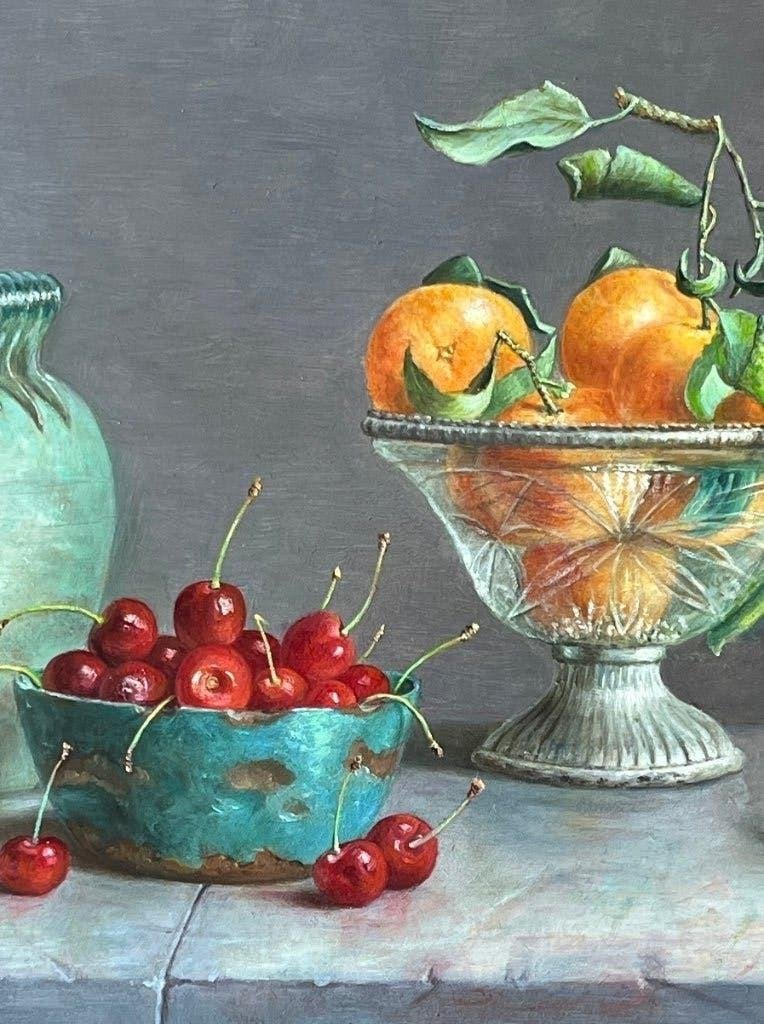 Stilleven Glas manderijnen, kersen. Hans Habraken., Antiek en Kunst, Kunst | Schilderijen | Klassiek, Paneel, Stilleven, Olieverf
