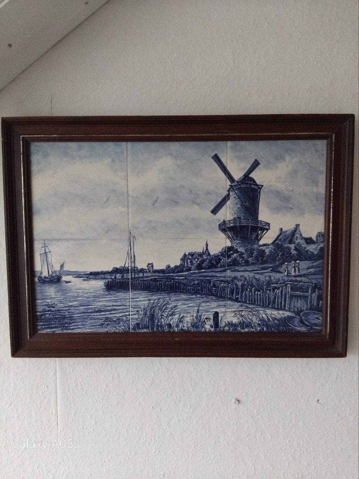 Delfts Blauw Tegeltableau - Hollandse Molen en Zeilschepen, Antiek en Kunst, Ophalen