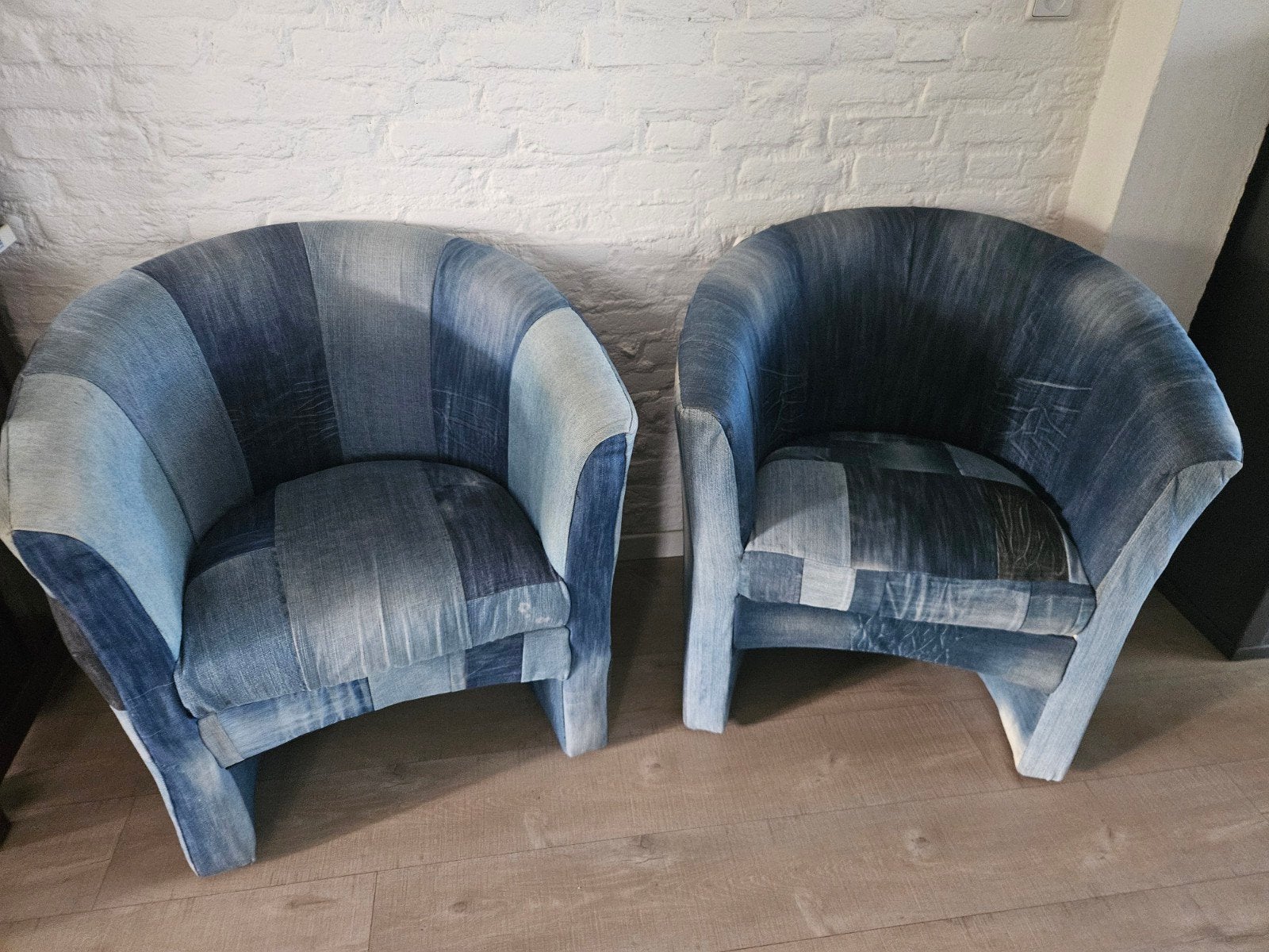Twee unieke fauteuils van denim patchwork, Ophalen, Gebruikt, Twee, Blauw