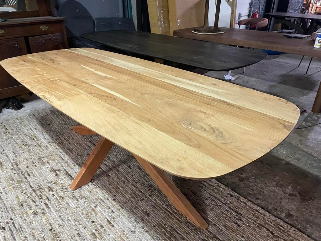 Massief houten Deense ovale tafel 240x100 met spinpoot, Ophalen, 100 tot 150 cm, Vijf personen of meer, Ovaal