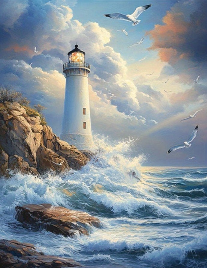 50x40cm Diamond Painting vuurtoren meeuwen (vierkant) nr 19, Zee en Strand, Nieuw, Meerkleurig, Ophalen of Verzenden