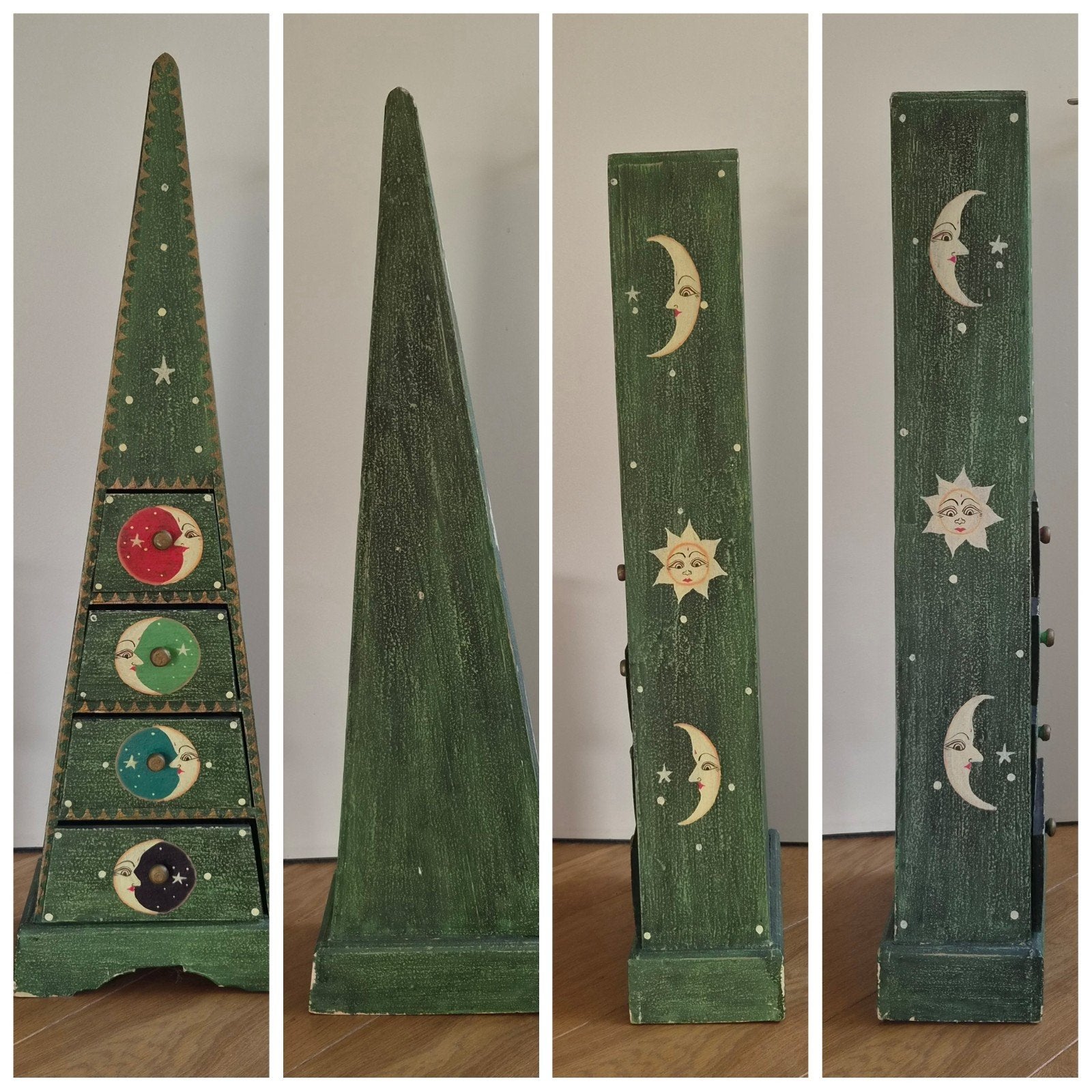 Handgemaakt kastje met laadjes - Zon en Maan, Groen, Hout, Gebruikt, Overige stijlen
