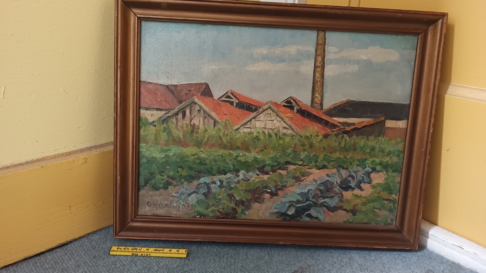 Oud schilderij: Boerderij met akker en fabriekspijp, Antiek en Kunst, Kunst | Schilderijen | Klassiek, Ophalen of Verzenden