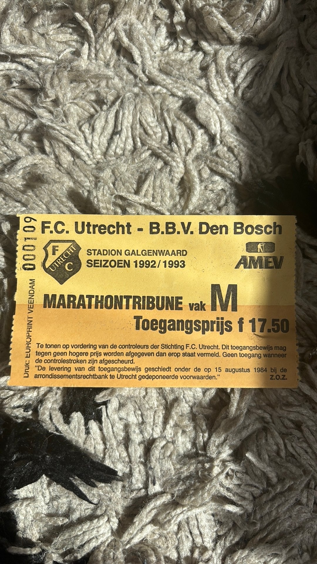 Oud stadionticket utrecht BBV Den Bosch 1992-1993, Verzamelen, Sportartikelen en Voetbal, Verzenden, Zo goed als nieuw, Poster, Plaatje of Sticker