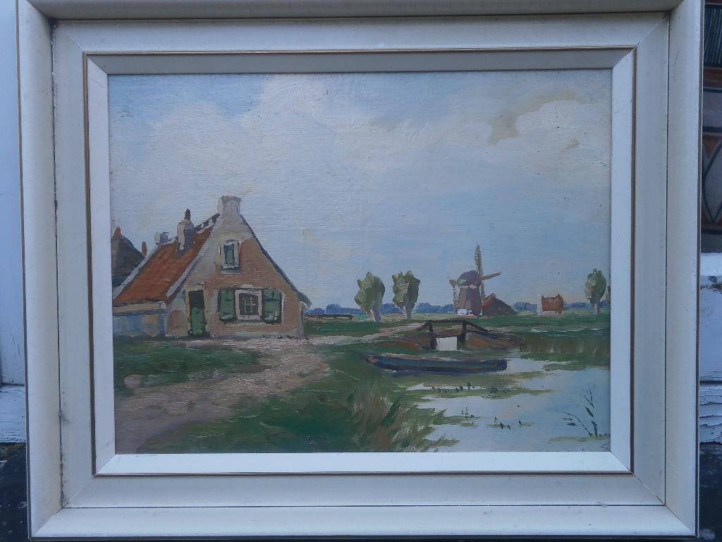 Mooi Hollands Landschapje Boerderijtje a/h water,roeibootje, Antiek en Kunst, Kunst | Schilderijen | Klassiek, Ophalen of Verzenden