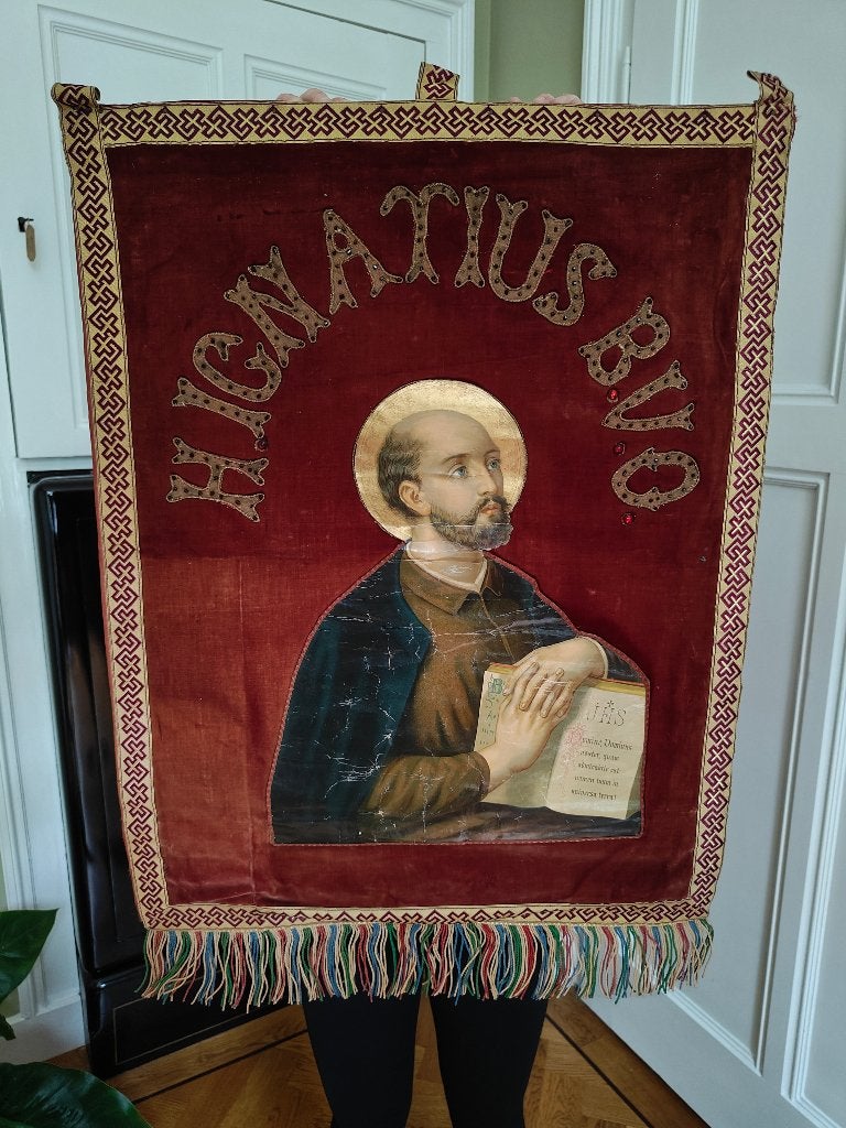Processievaandel (fluweel) – St. Ignatius v Loyola – ca 1900, Ophalen of Verzenden
