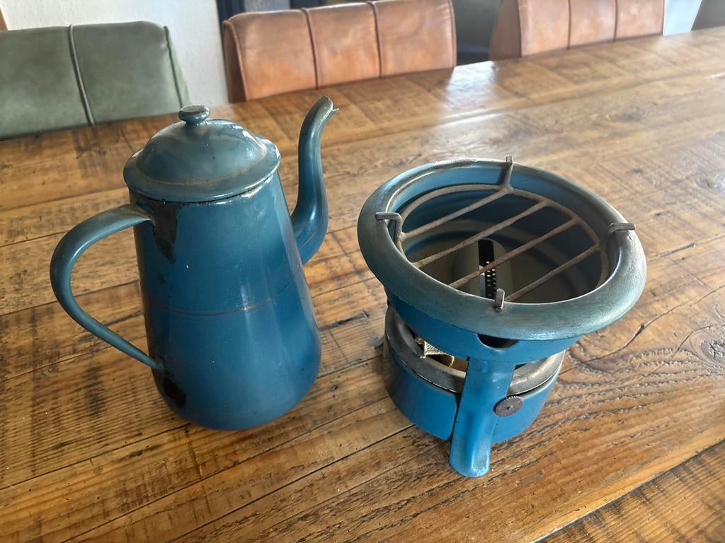 Emaille koffiekan met brander, Antiek en Kunst, Antiek | Emaille, Ophalen