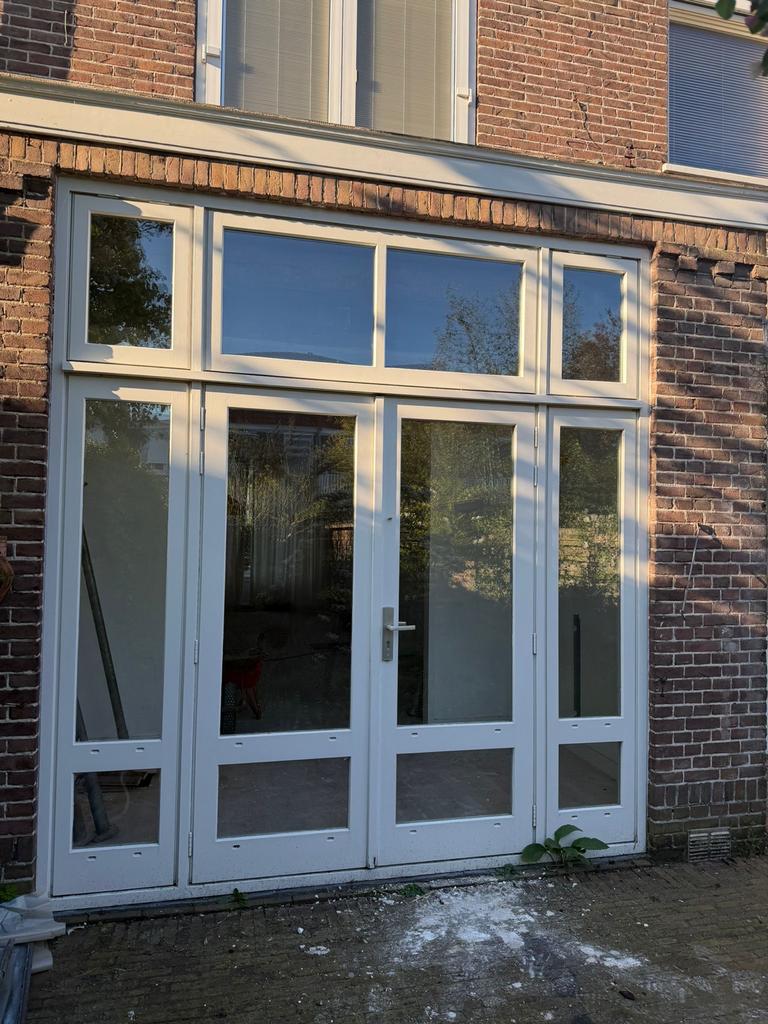Grote dubbele tuindeuren met zijlichten en bovenlichten, Ophalen, Gebruikt, Inclusief glas, 225 cm of meer
